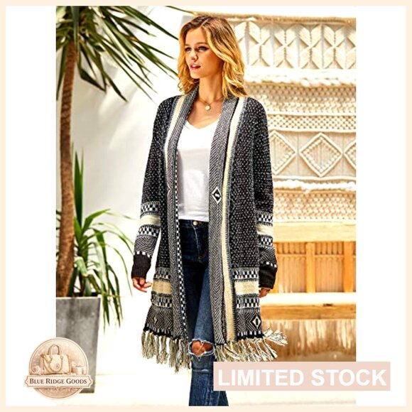 Long Open Front Cardigan Sweater with Tassel Fringe, 100% Acrylic - Picture 2 of 7